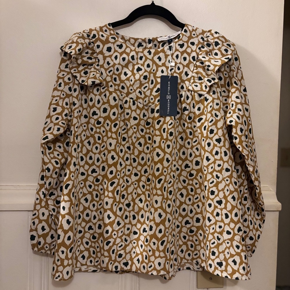 Michelle McDowell Women's Small NWT Leopard Print Ruffle Puff Sleeve Blouse